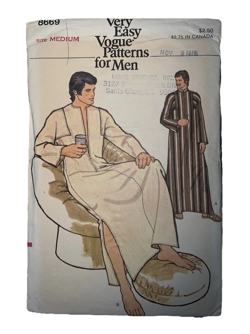 Vogue 8669 Vintage 70s Sewing Pattern Size 38 Men's Kaftan Mandarin Trim RARE UC